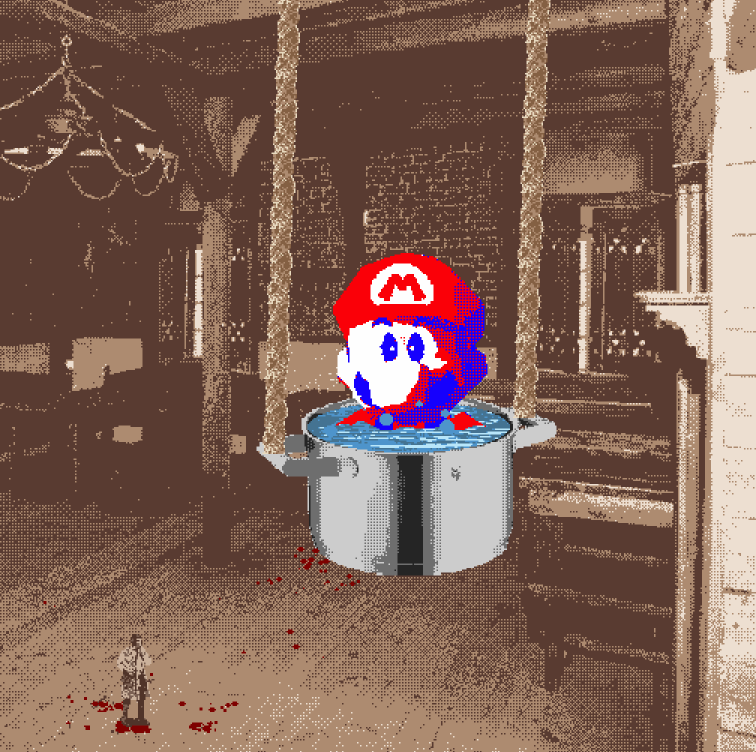 A gif from a video game. In a tavern, a pot hangs from the ceiling, and Mario boils inside of it.